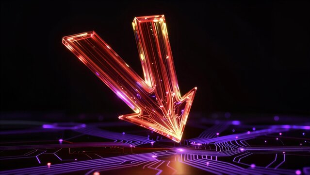 Glowing orange arrow descends on futuristic circuit board, neon lights illuminate the tech landscape.
