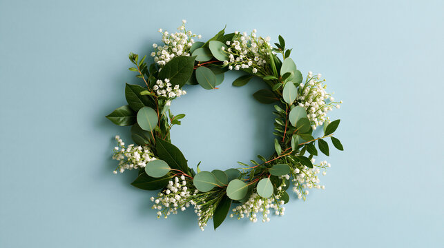 A circular wreath made of lily of the valley and eucalyptus leaves on a blue background. Ideal for spring holidays and elegant floral event decorations.
