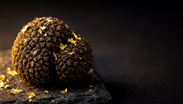 Whole black truffle mushroom coated with edible gold leaf flakes on dark stone slate macro photography