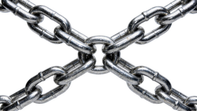 Four interlocking metal chains forming a cross shape, isolated on transparent background