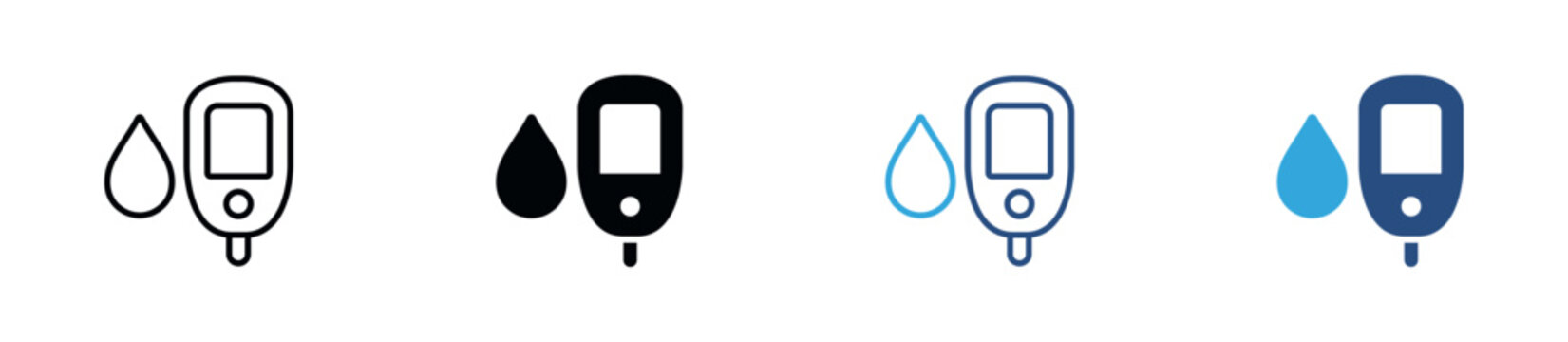 Blood Glucose Meter Icon Set, Medical Glucometer Test, Blood Sugar Level, Diabetes Monitoring, Healthcare Diagnostics, Clinical Measurement Symbols. Vector Illustration.