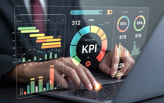 Analyst interacting with financial key performance indicator data projections.
