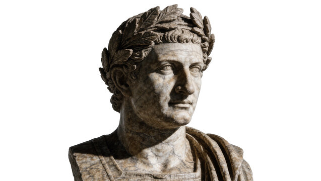 Marble bust of Roman emperor with laurel wreath, isolated on transparent background