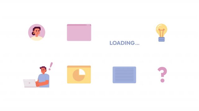 Web development and problem solving cartoon animation pack. Laptop troubleshooting. User avatar. Idea symbol. Browser windows animated flat 4K video collection isolated on transparent background