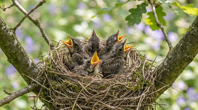 Group of hungry baby birds with open beaks waiting for food in a nest built on a tree branch