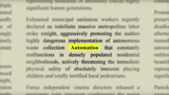 Macro close-up shot of newsprint text featuring the word Automation highlighted in yellow marker representing industrial failure and technical risks in modern infrastructure and supply chain reports.