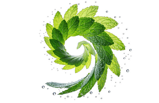 Fresh mint leaves create a spiral design with droplets of water highlighting their details. This arrangement focuses on the leaves vibrant colors and shapes