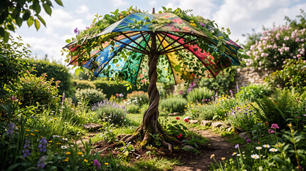 Obraz premium A whimsical garden landscape featuring a vibrant rainbow umbrella serving as a natural tree canopy