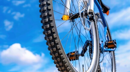 Fototapeta premium Close-Up View of Bicycle Tire Against Vibrant Blue Sky with White Clouds in a Clear Day Setting