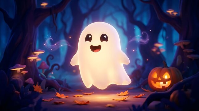 A cute little glowing ghost floating in a magical dark forest during the halloween season