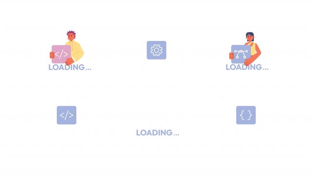 Programming tools and web developer loading cartoon animation pack. Software creation. Frontend designer. Coding brackets, settings animated flat 4K video collection isolated on transparent background
