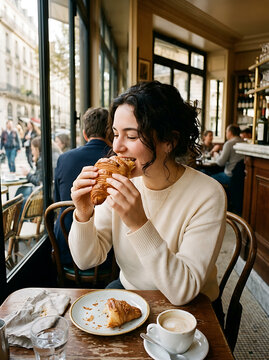 Young woman eating a fresh croissant at a table in a cozy Parisian cafe with coffee