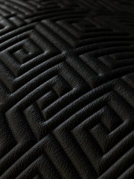 Close-up of a black leather texture with a geometric pattern. the pattern is made up of multiple interlocking lines that form a maze-like design.
