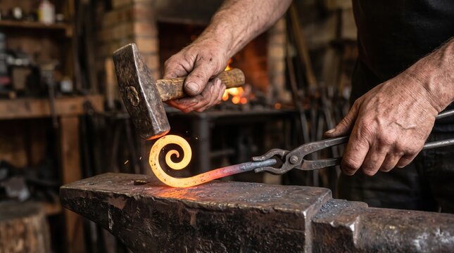 Hands Curling Hot Iron Into a Decorative Scroll Shape