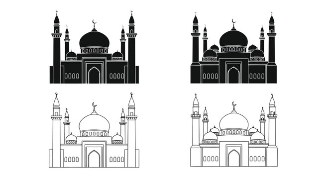 Detailed mosque outlines with crescent moons are presented as a silhouette