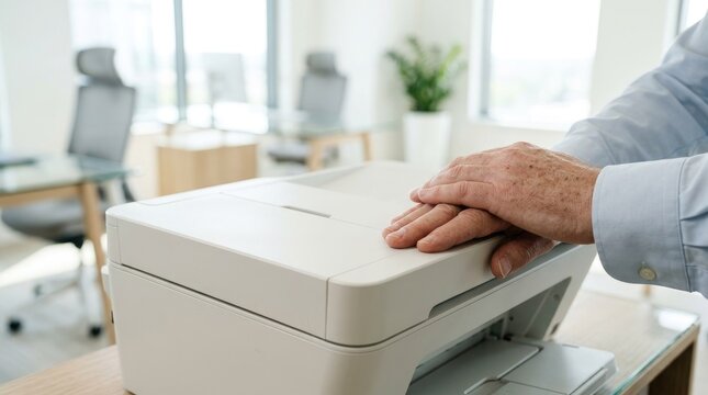professional using a multifunction printer in a bright modern office, representing workplace productivity, document management, technology interaction, and efficient business workflow
