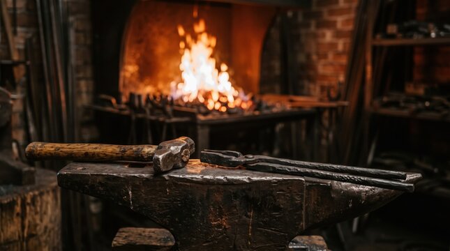 Hammer and Tongs Resting on Anvil Before Forge Fire