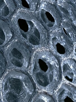 Close-up of a group of hexagonal cells. the cells are arranged in a grid-like pattern, with each cell having a small hole in the center.