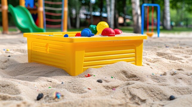 Colorful children's sandbox with toys in a sunny outdoor playground setting surrounded by soft sand and green trees
