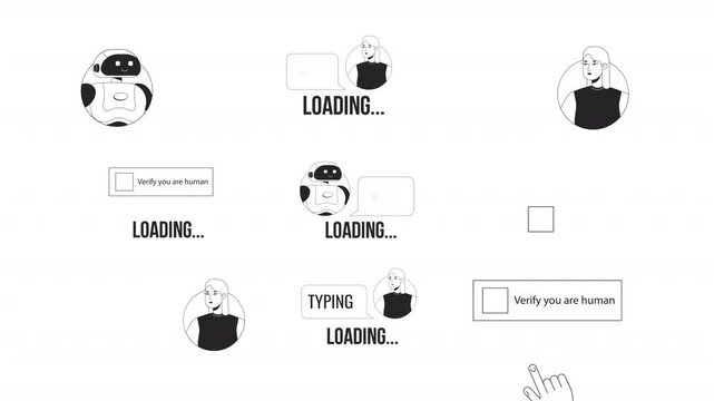 Human verification and typing status black and white line animation pack. Online communication. Chat bot. Captcha checkbox. Loading states animated outline 4K video set on transparent background