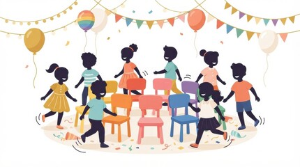 Fototapeta premium Children enjoy a birthday party with games, colorful decorations, balloons, and a cake while having fun together