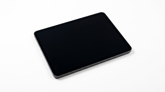Blank digital tablet lying flat on a white background with copy space