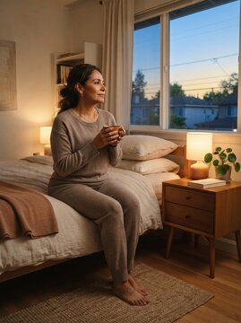A hispanic woman sits quietly on the edge of a bed holding a warm mug looking out the window during a calm evening moment.