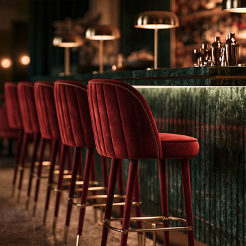 Luxurious red velvet bar stools lined up against a modern green marble counter with warm lighting. Elegant lounge interior design concept for nightlife and hospitality marketing.