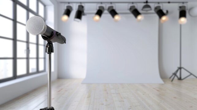 Microphone on Stand in Empty Studio Space with Soft Lighting and Simple Backdrop Ready for Performance or Presentation