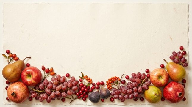 A beautiful thanksgiving border featuring a colorful array of autumn fruits including apples pears grapes and pomegranates creating a festive scene