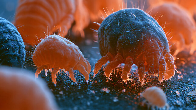 Close-up microscopic view of dust mites crawling on a surface. Use for medical health warnings and allergy research concepts.