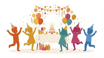 Fototapeta premium Kids enjoy a birthday party with a cake, colorful balloons, and decorations while celebrating together with laughter and joy.