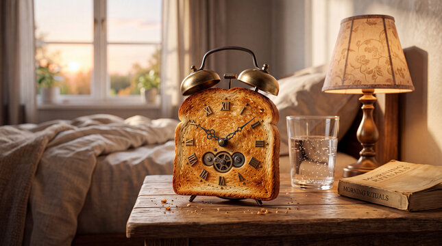 Surreal bedroom bedside table with a vintage twin bell alarm clock made of crispy toast bread
