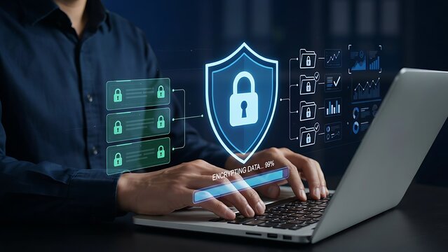 Cyber security specialist protects enterprise network with digital shield icon.