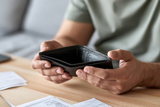 Young man holding empty wallet while reviewing bills at home, concept of financial hardship, debt, mortgage problems, bankruptcy and cost of living