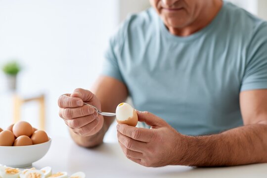 Senior man peeling boiled egg while preparing nutritious meal at home, concept of healthy eating, protein rich diet, balanced nutrition and healthy aging