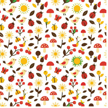 Cute nature pattern with birds, ladybugs, and flowers