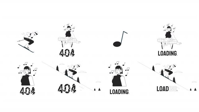 Leisure lifestyle loading and 404 error black and white line animation pack. Music listening with pet. Winter skiing sport. Relaxation pastime animated outline 4K video set on transparent background