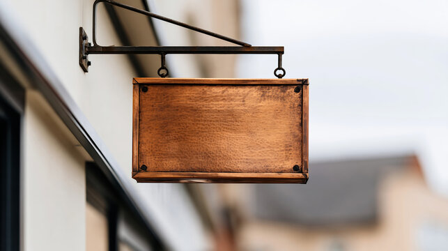Blank rectangular copper hanging sign suspended from simple black metal bracket outside building with blurred background