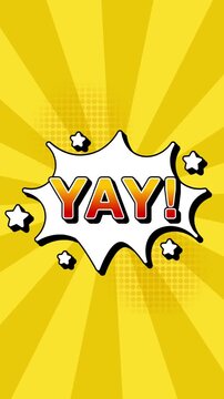 YAY text word lettering popup comic cartoon reveal with bomb and smoke explosion manga anime book page dots radial speed lines doodle yellow background seamless loop vertical animation retro