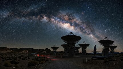 Obraz premium Radio telescope dish, satellite antenna array, astronomer standing under starry night sky, milky way galaxy background, outer space exploration, cosmic science research observatory.