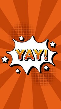 YAY text word lettering popup comic cartoon reveal with bomb and smoke explosion manga anime book page dots radial speed lines doodle orange background seamless loop vertical animation retro