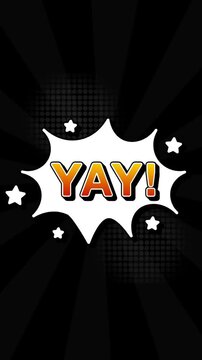 YAY text word lettering popup comic cartoon reveal with bomb and smoke explosion manga anime book page dots radial speed lines doodle black background seamless loop vertical animation retro