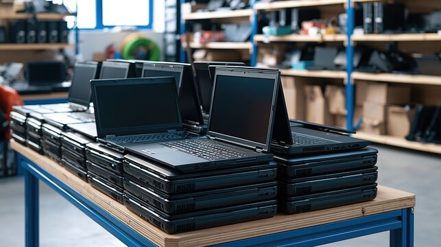 Rows of Used Laptops Stacked on a Workbench in a Technology Recycling Facility