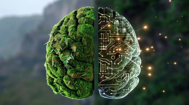 Conceptual illustration of nature versus technology in human brain symbolizing innovation and environmental harmony