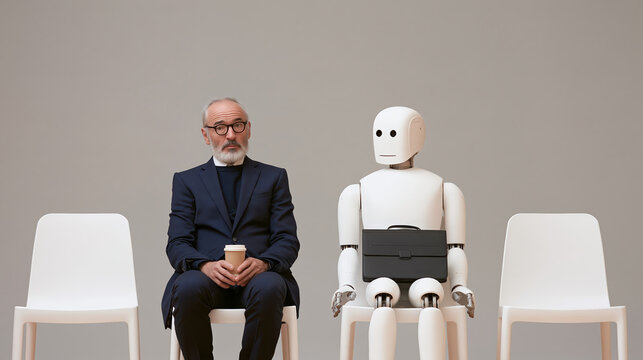 Older businessman and humanoid robot sit together in office waiting area, highlighting artificial intelligence, work, and human connection