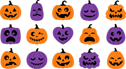 Obraz premium Set of cute halloween pumpkin icons with various funny faces