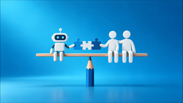 Human and AI robot balancing on pencil holding puzzle pieces together symbolizing teamwork collaboration and future technology synergy