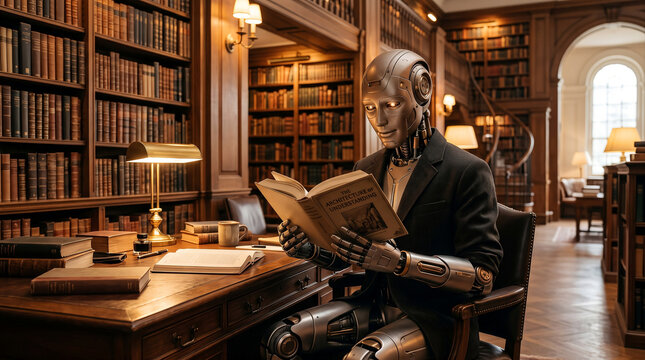 Futuristic Humanoid Robot Reading Book in Vintage Library