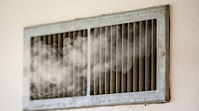 Close-up of a metal air vent grille with white smoke or steam escaping into a room